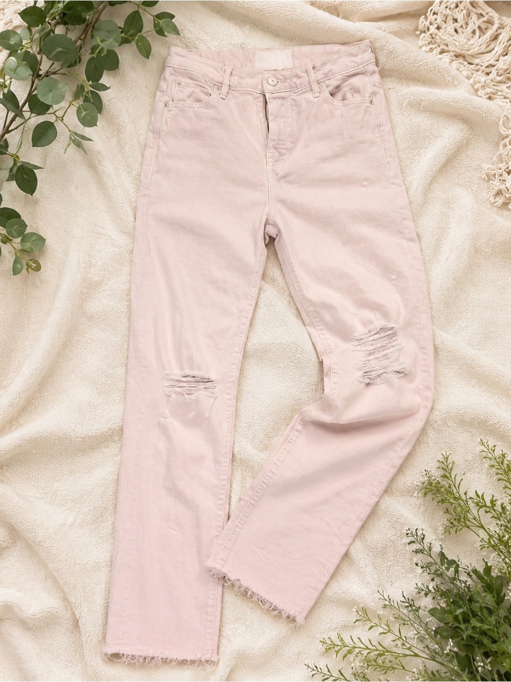 Mother High Rise Straight Leg Jeans Blush Pink Distressed Raw Hem Size 29 - Picture 1 of 13